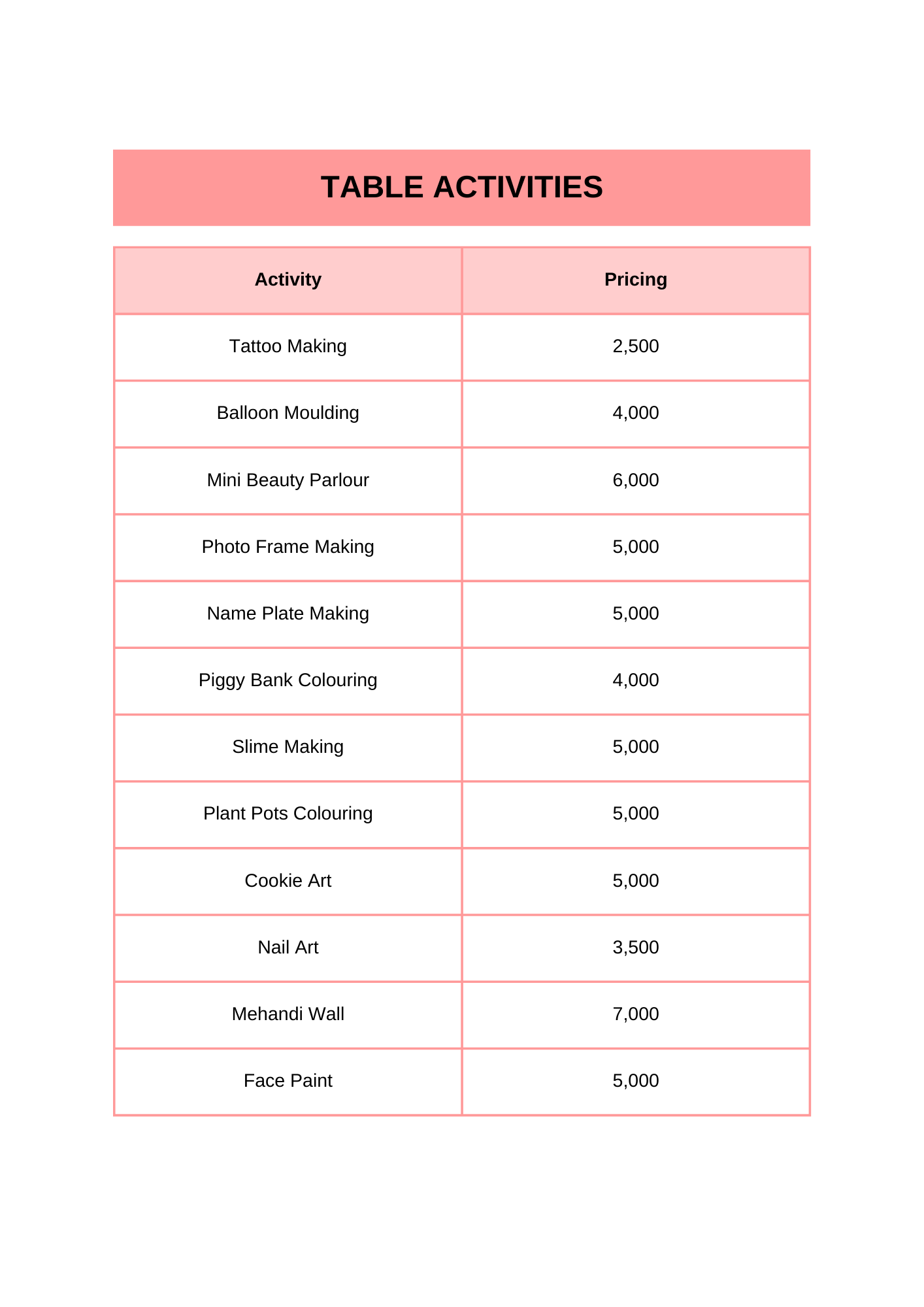 Kids party price list1