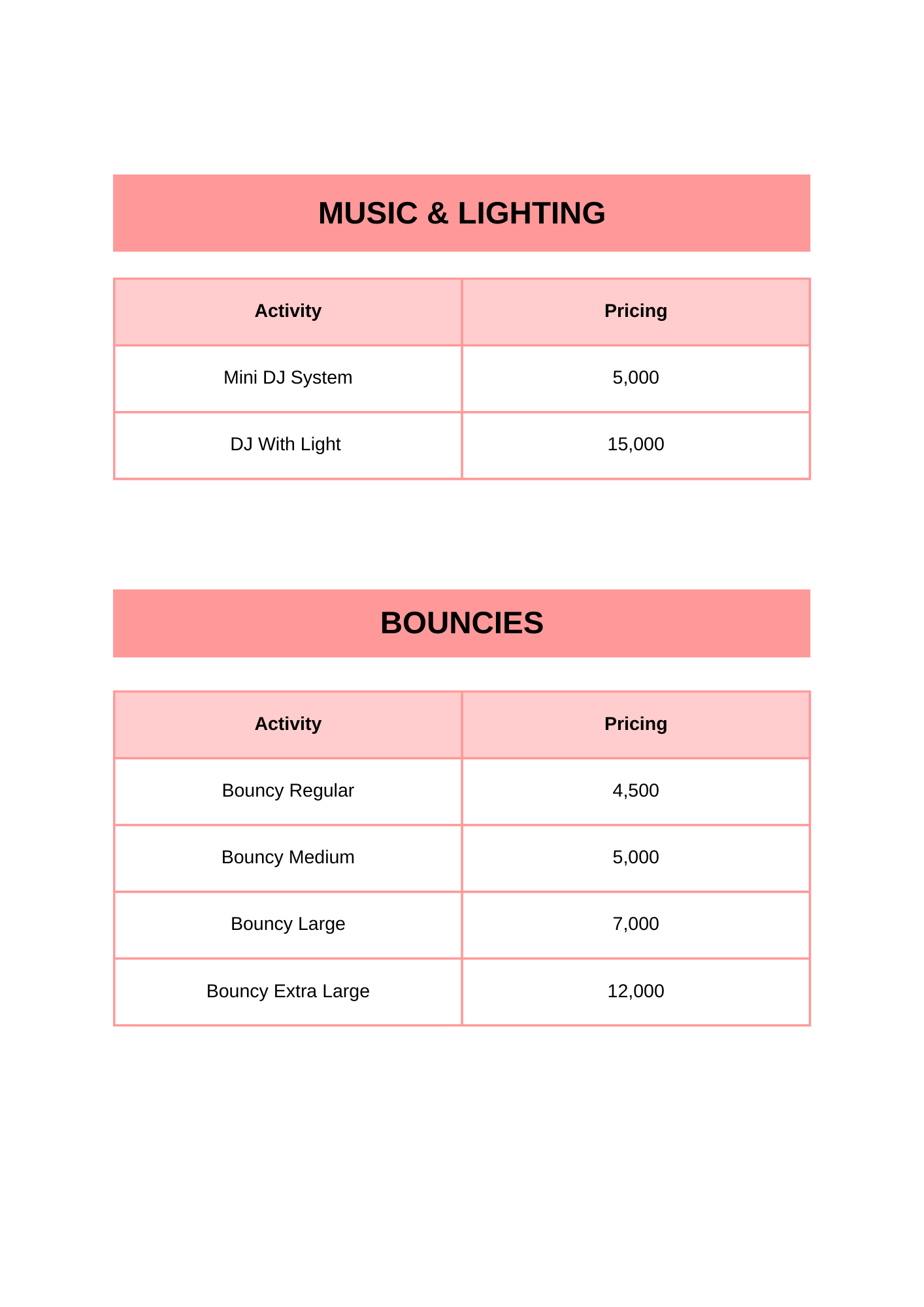 Kids party price list3