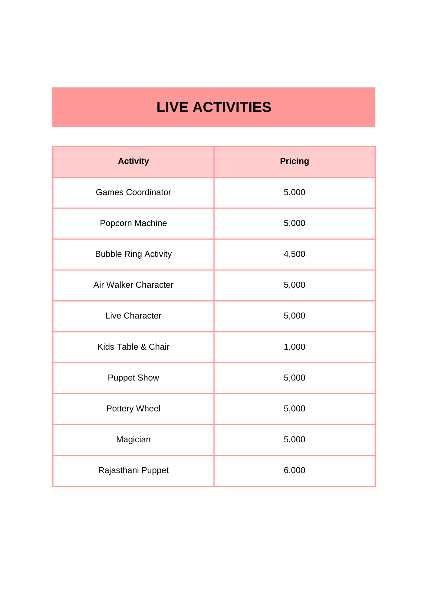 Kids party price list4