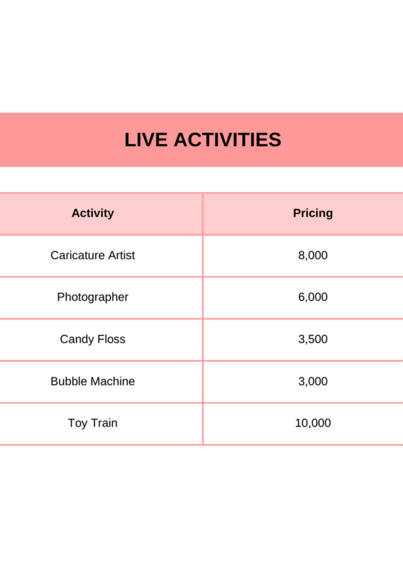 Live activities price list